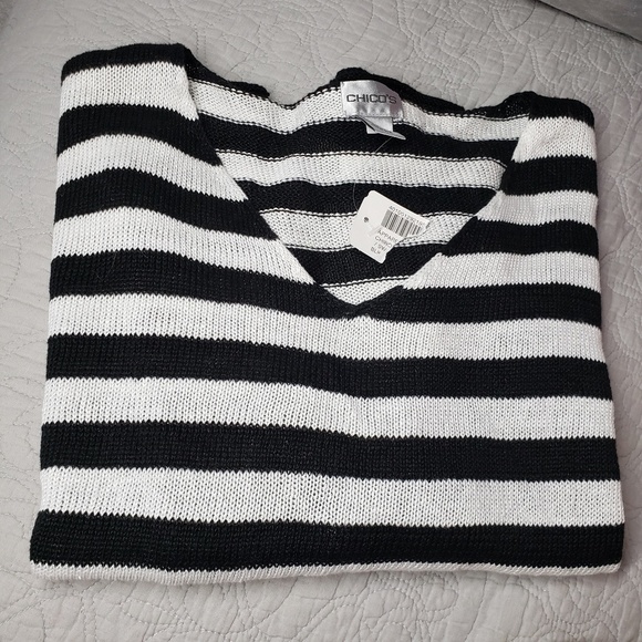 Chicos black & white stripe top 100% linen knit top - Picture 7 of 8